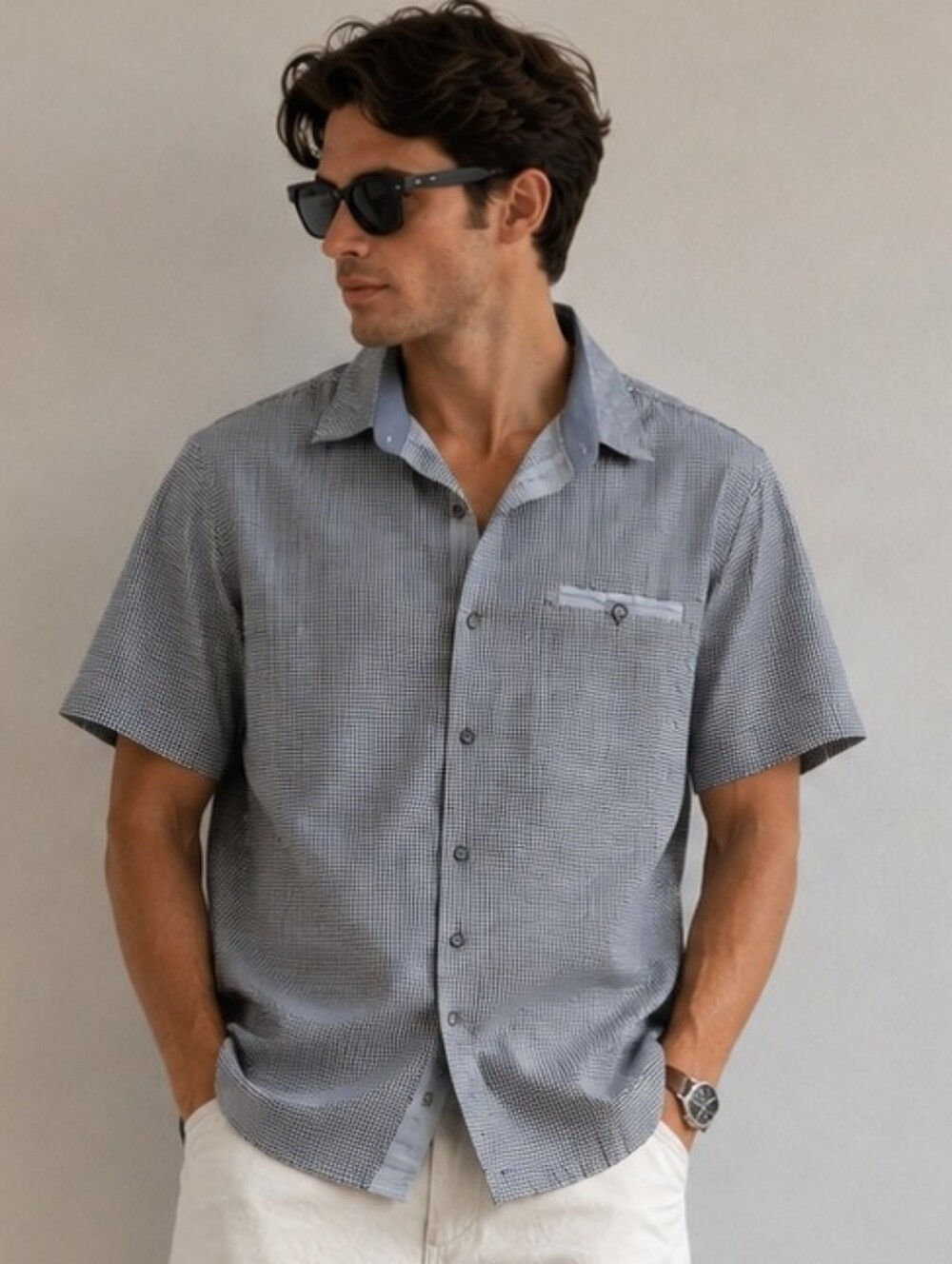 Grand Men Slim Fit Micro Check Short Sleeve Shirt XXL Cotton Stretch